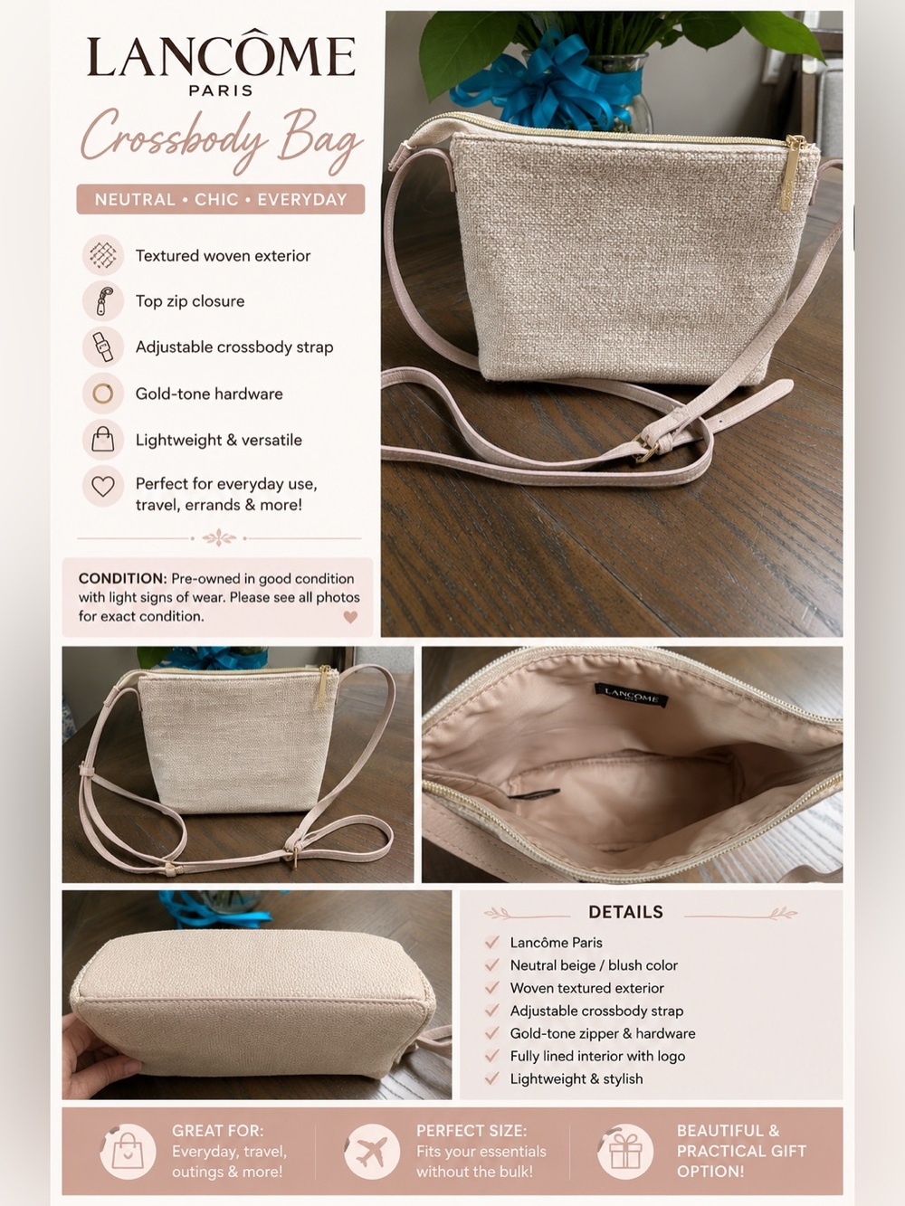 Lancôme Paris Beige Woven Crossbody Bag Adjustable Strap
